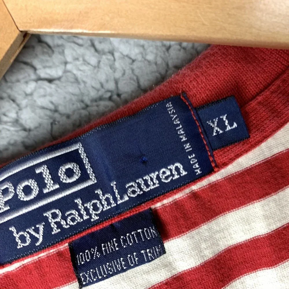 Vintage Polo Ralph Lauren Polo Shirt Mens XL100%‎ Fine Cotton Red White Striped